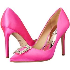 Badgley Mischka Fuchsia Heels with Crystal Embellishments! Hot Pink Satin